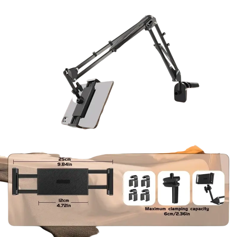 Black metal adjustable tablet arm clamp with articulated joints and clamp attachments for bed use