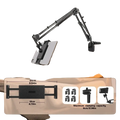 Black metal adjustable tablet arm clamp with articulated joints and clamp attachments for bed use