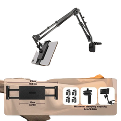 Black metal adjustable tablet arm clamp with articulated joints and clamp attachments for bed use