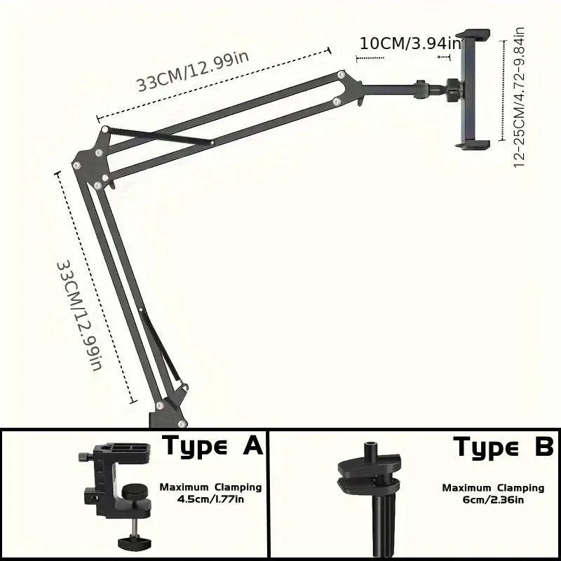 Black metal adjustable tablet arm clamp with articulated joints and clamp options for bed use