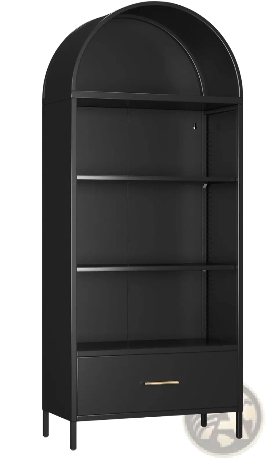Black metal arched bookshelf with glass doors, gold-tone drawer handle, and slender legs for elegant storage
