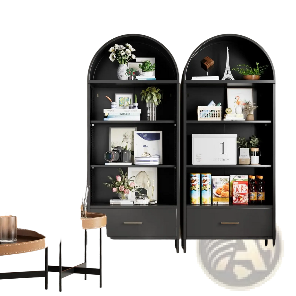 Black metal arched bookshelf with glass doors and drawers displaying books plants decorative items and snacks