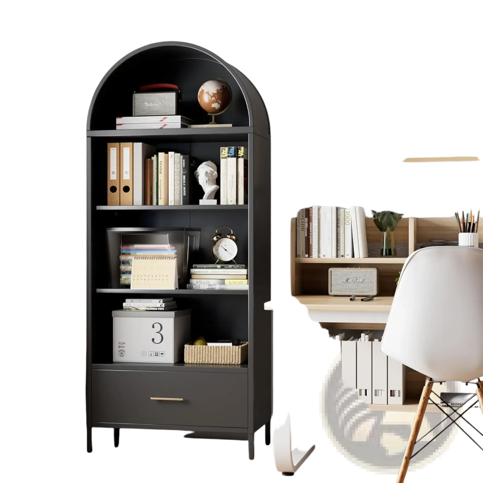 Dark gray metal arched bookshelf with glass doors and drawer holding books binders decorative items and a globe