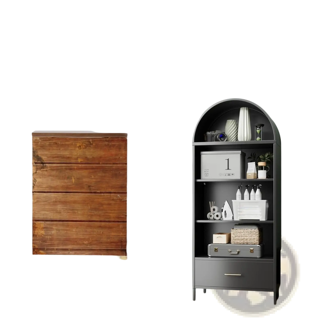 Metal arched bookshelf with glass doors and drawer featuring a dark gray metal frame and arched top design