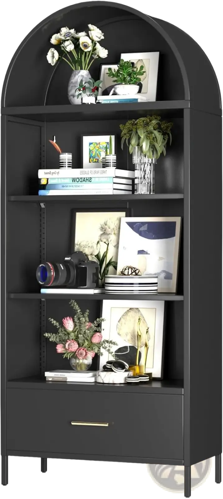 Black metal arched bookshelf with glass doors and gold-toned drawer handle showcasing sturdy metal frame design