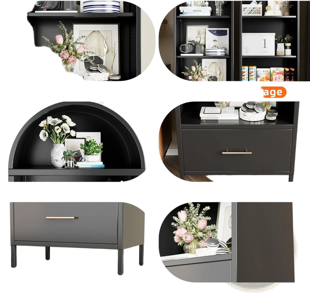 Black powder-coated metal arched bookshelf with glass doors and bottom storage drawer for organized display