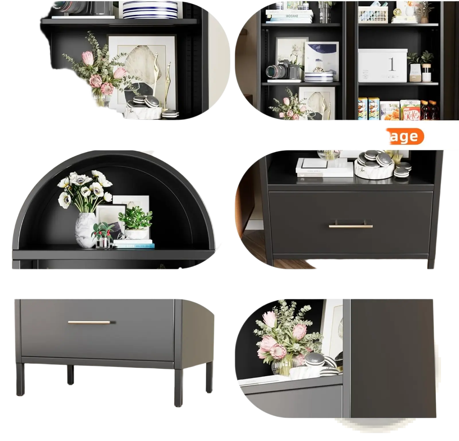 Black powder-coated metal arched bookshelf with glass doors and bottom storage drawer for organized display