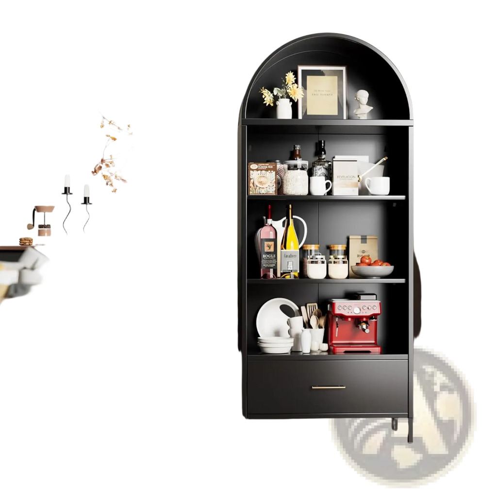 Black metal arched bookshelf with glass doors and drawer featuring a red espresso machine on the bottom shelf