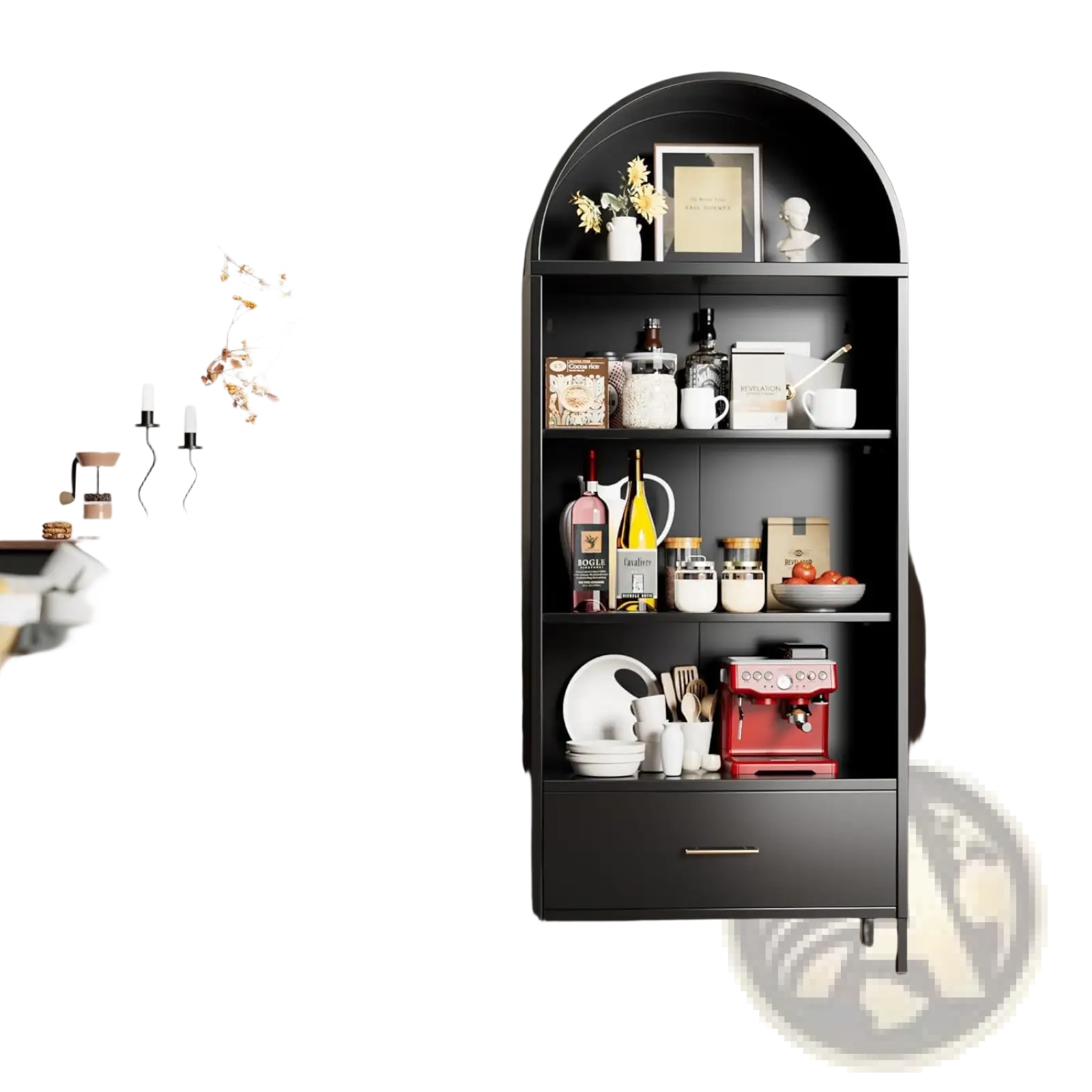 Black metal arched bookshelf with glass doors and drawer featuring a red espresso machine on the bottom shelf
