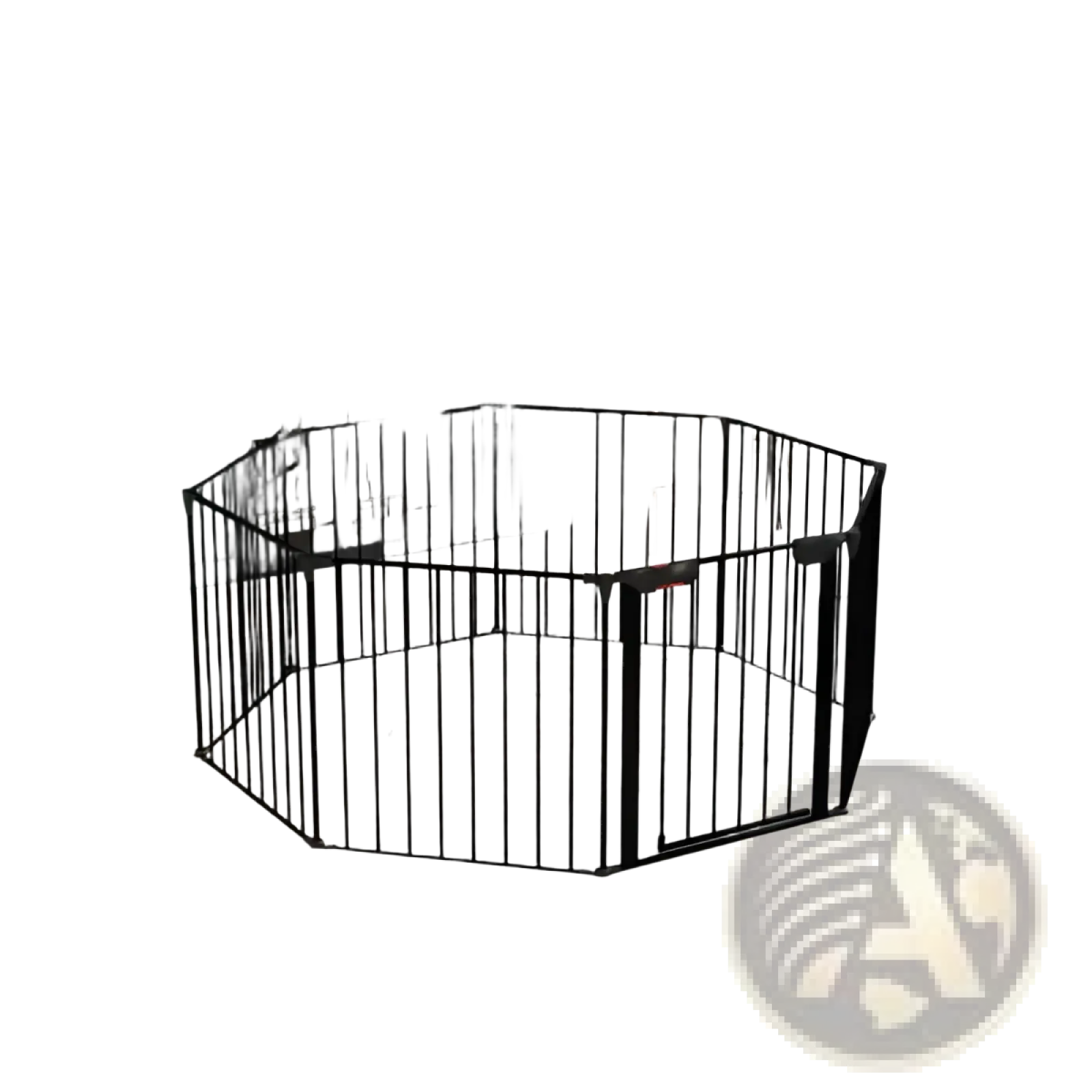 Black metal baby safety gate with foldable hexagonal panels for play yard and safety enclosure use