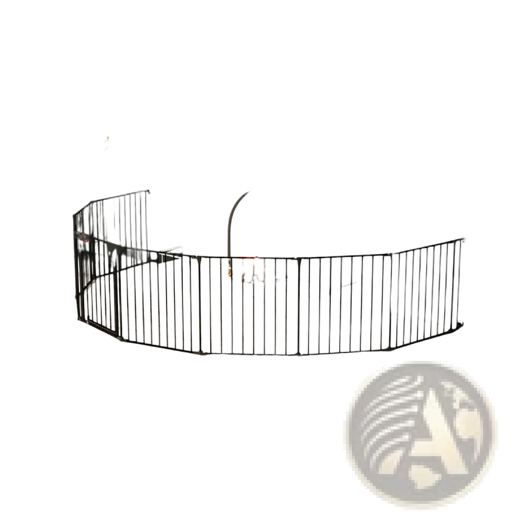 Black metal baby safety gate with vertical bars and curved ends designed as a fireplace safety barrier