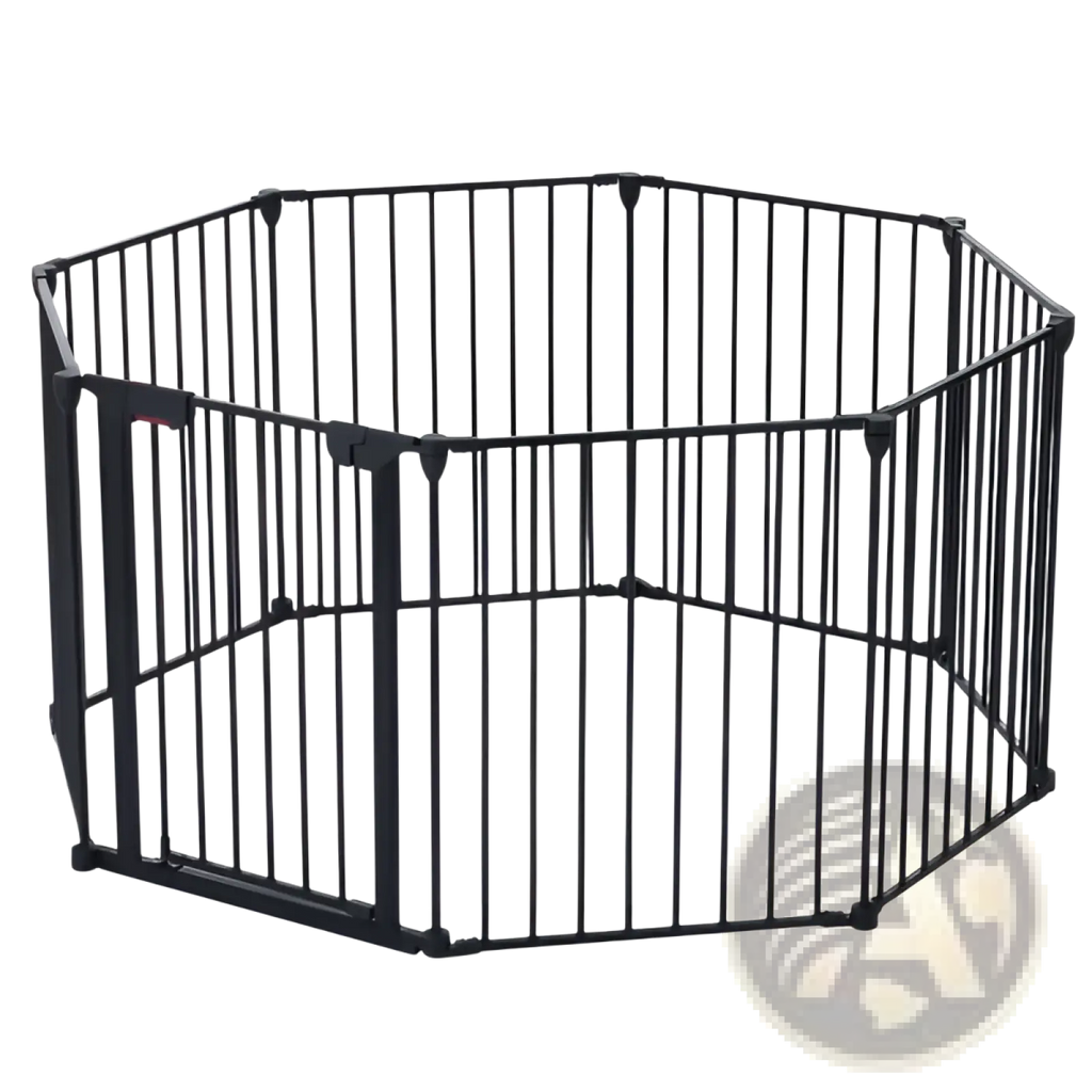 Black metal baby safety gate and play yard with octagonal design and interlocking panels for secure play area