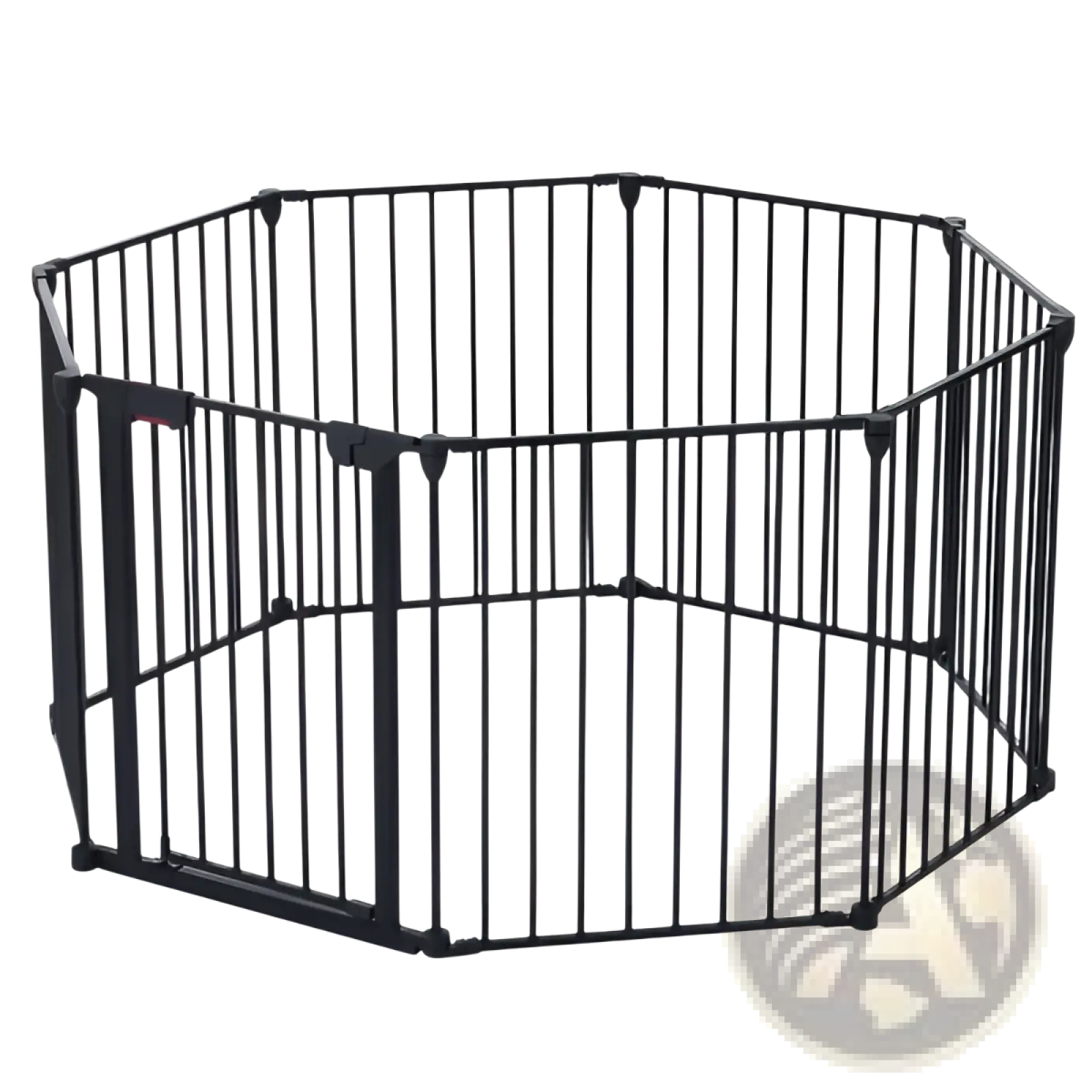 Black metal baby safety gate and play yard with octagonal design and interlocking panels for secure play area
