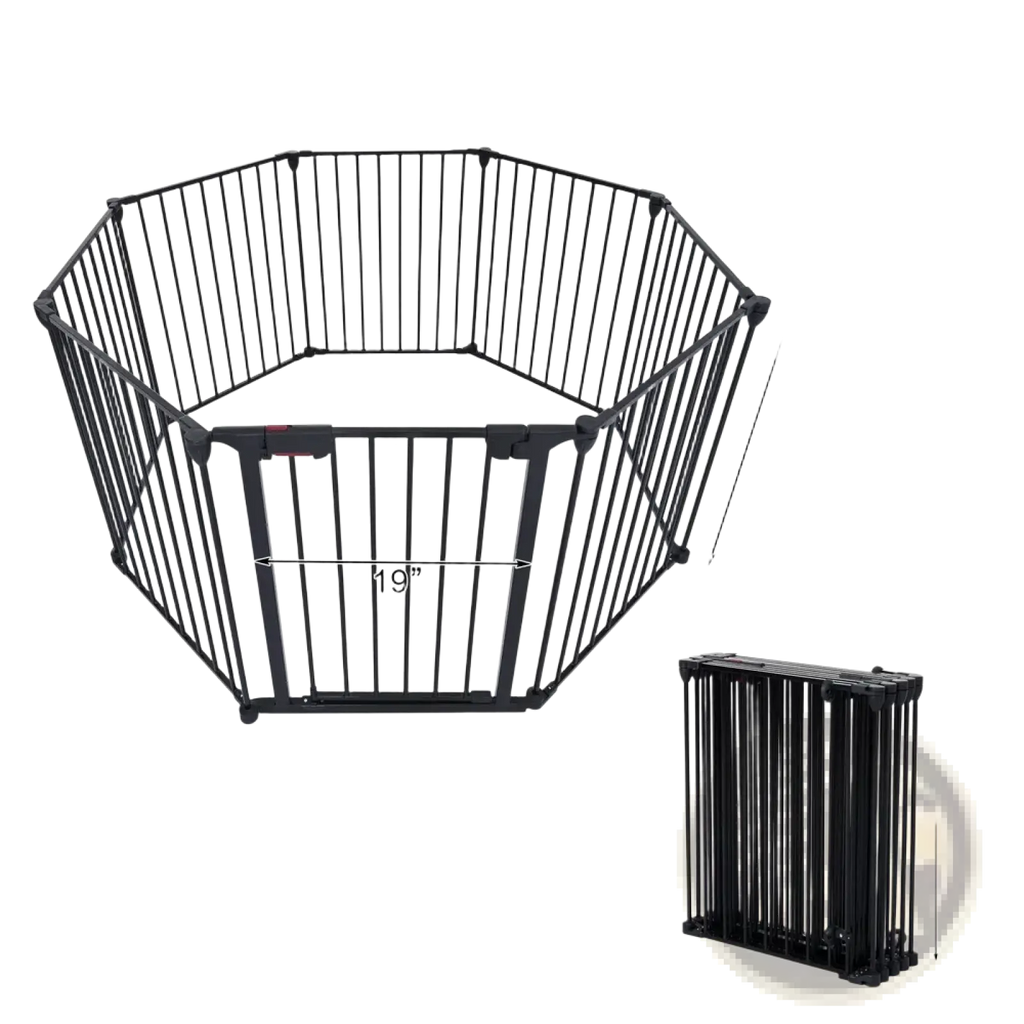 Black metal octagonal baby gate with foldable design and safety latch for secure play yard use