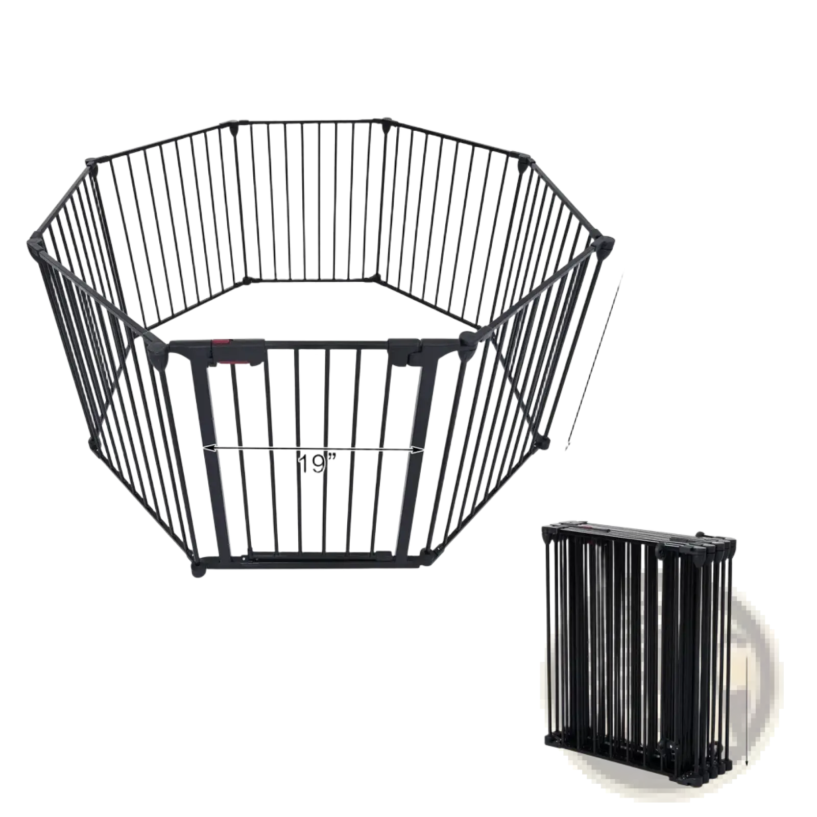 Black metal octagonal baby gate with foldable design and safety latch for secure play yard use