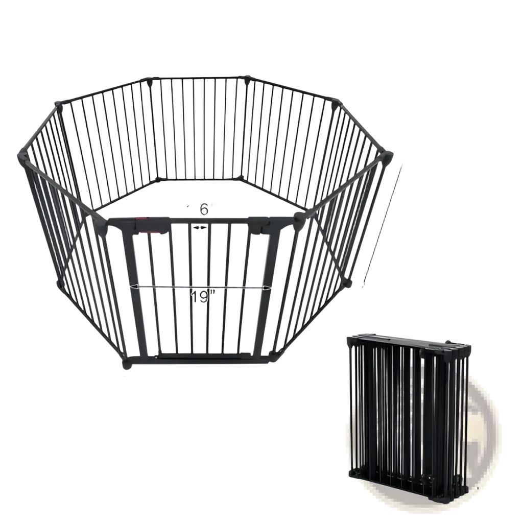 Black metal baby safety gate with foldable design and adjustable panels for versatile play yard use