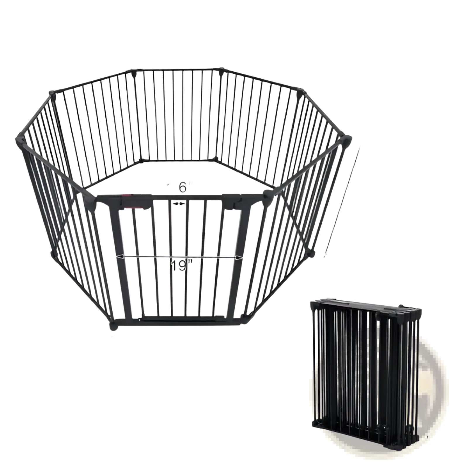 Black metal baby safety gate with foldable design and adjustable panels for versatile play yard use