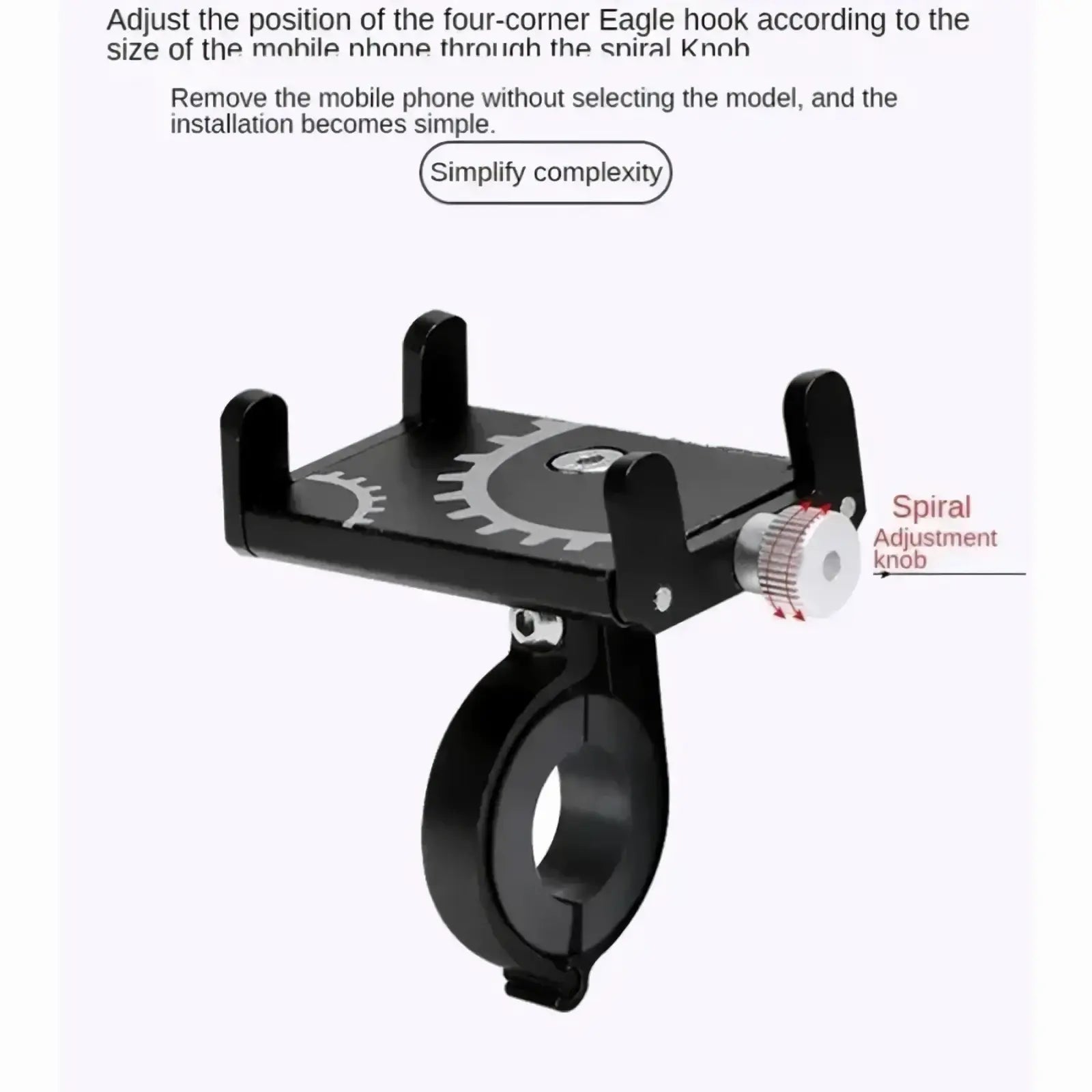 Black metal bicycle phone mount holder with adjustable eagle hook and spiral knob for secure smartphone attachment