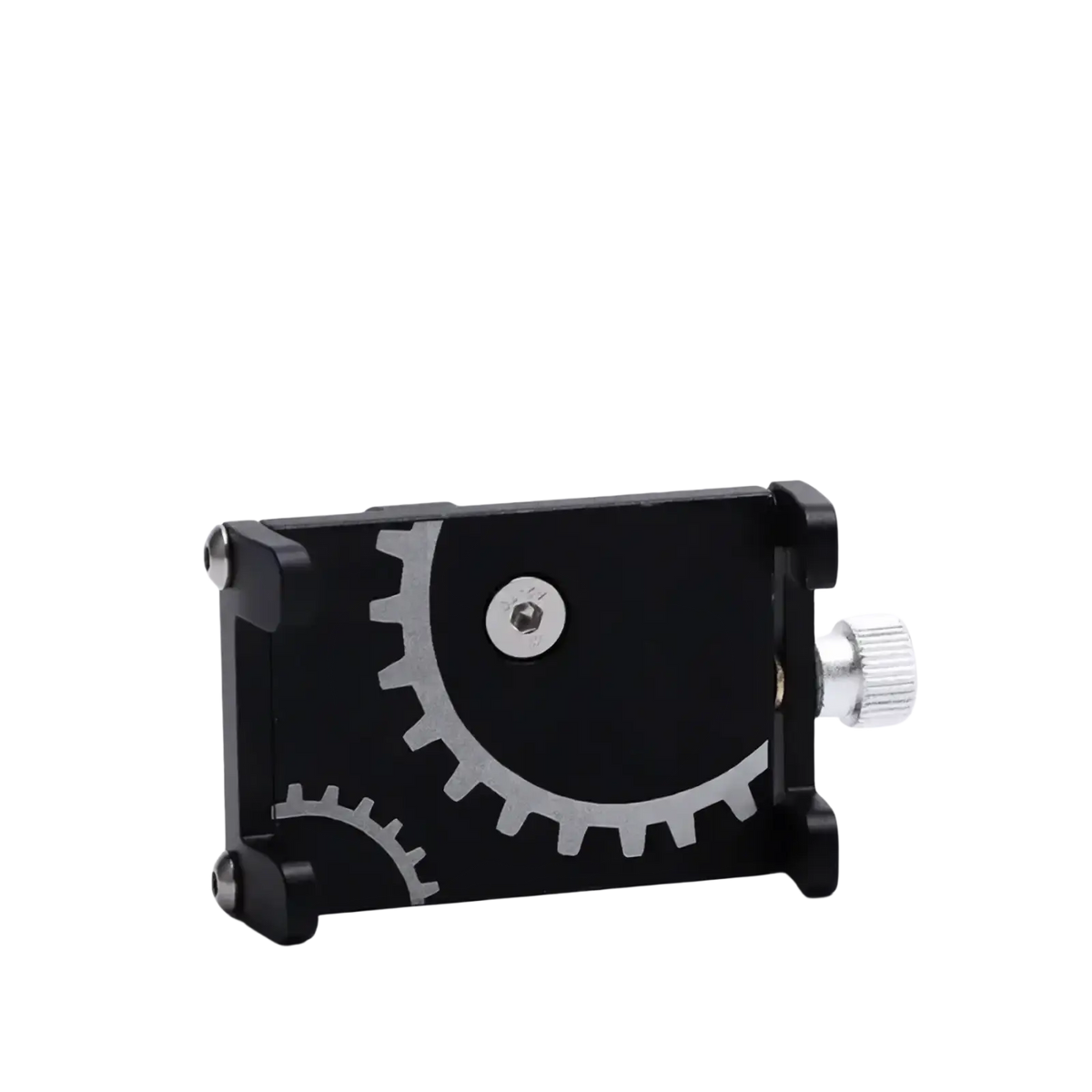 Black metal bicycle phone mount holder with silver gear accents and knurled adjustment knob on the back side