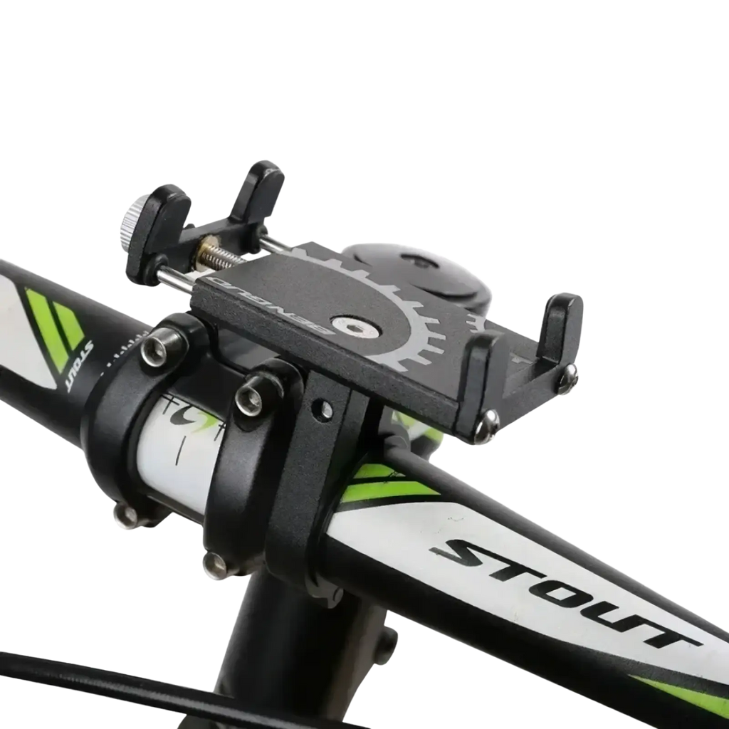 Black metal bicycle phone mount holder with gear-like design and adjustable clamps for secure handlebar attachment