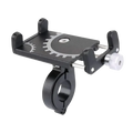 Black metal bicycle phone mount holder with silver gear design and adjustable clamp for secure attachment