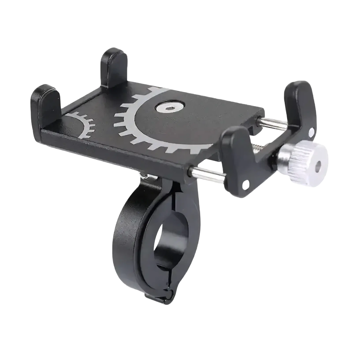 Black metal bicycle phone mount holder with silver gear design and adjustable clamp for secure attachment