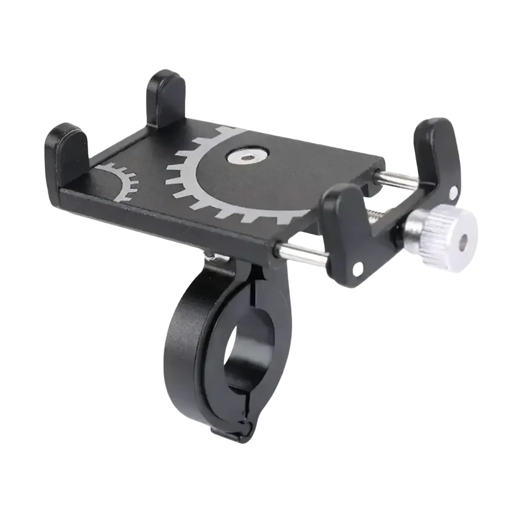 Black metal bicycle phone mount holder with silver gear design and adjustable clamping mechanism visible