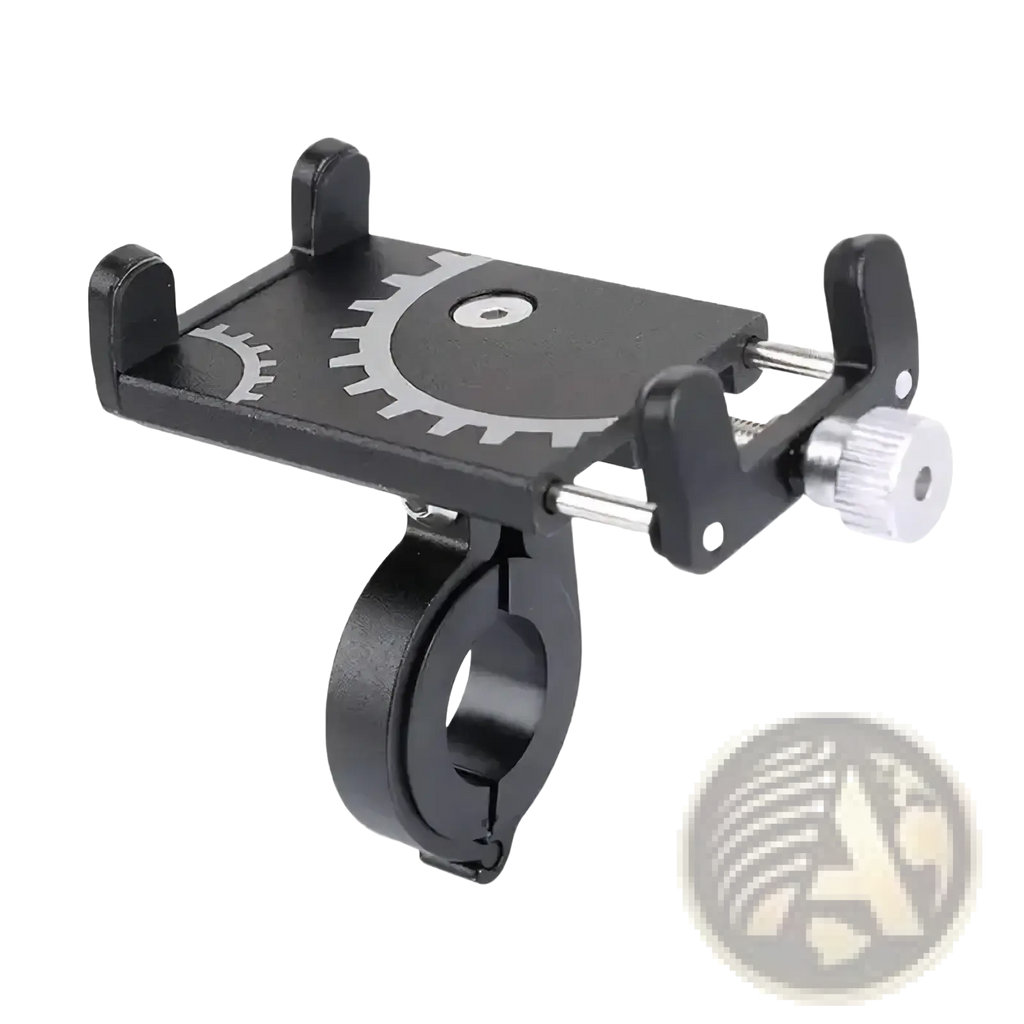Black metal bicycle phone mount holder with silver gear design and adjustable clamp for secure attachment
