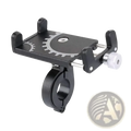 Black metal bicycle phone mount holder with silver gear design and adjustable clamp for secure attachment