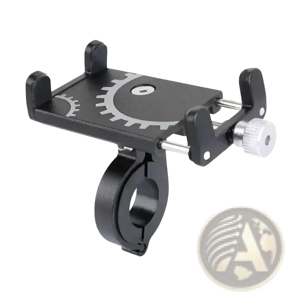 Black metal bicycle phone mount holder with silver gear design and adjustable clamping mechanism visible