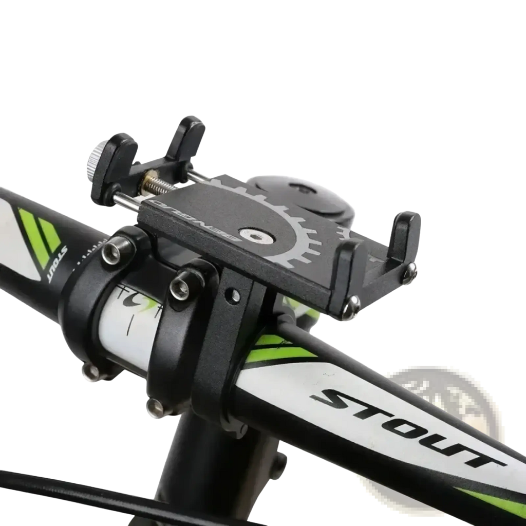 Black metal bicycle phone mount holder with gear-like design and adjustable clamps for secure handlebar attachment