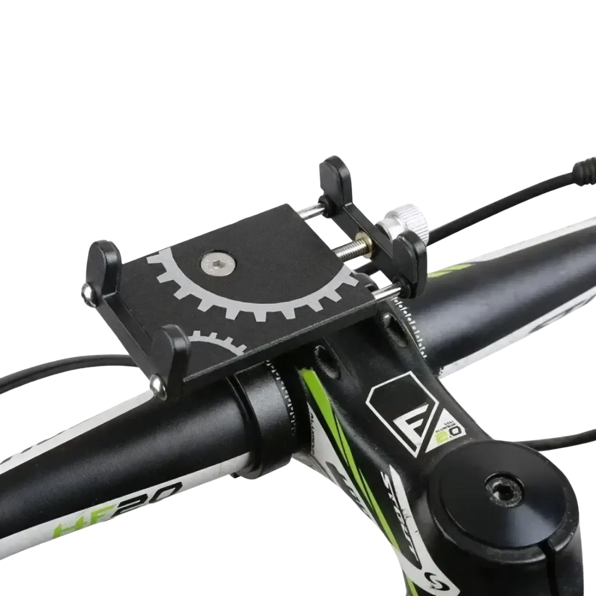Black metal bicycle phone mount holder with silver gear design and adjustable clamp shown from the back side