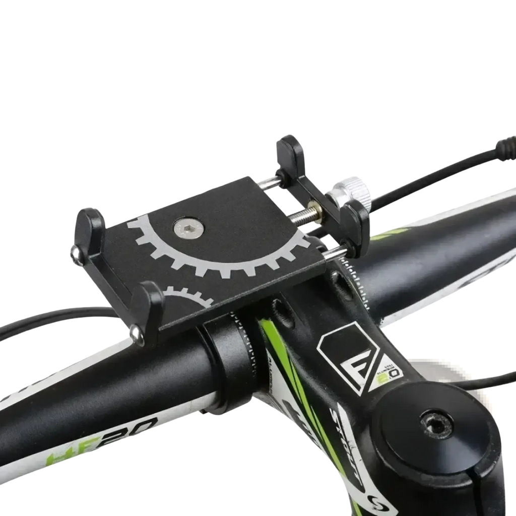 Black metal bicycle phone mount holder with silver gear design and adjustable clamp shown from the back side