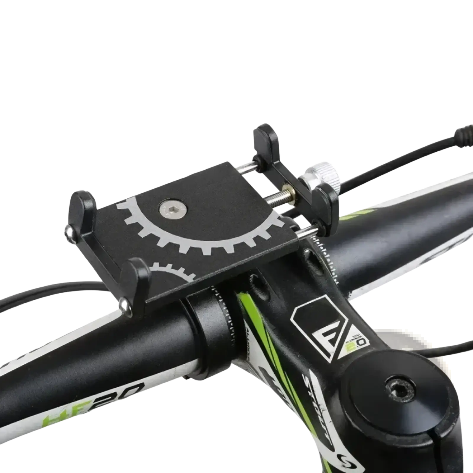 Black metal bicycle phone mount holder with silver gear design and adjustable clamp shown from the back side