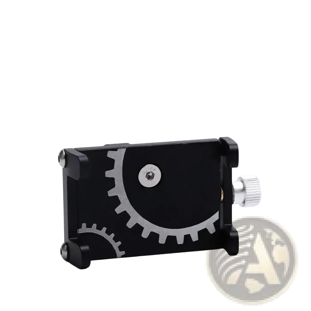 Black metal bicycle phone mount holder with silver gear accents and knurled adjustment knob on the back side