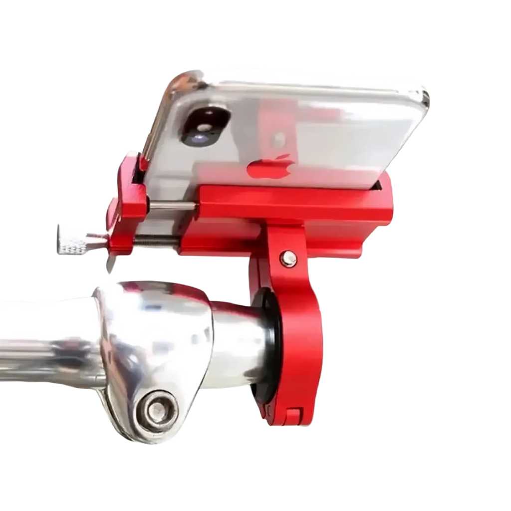Red metal bicycle phone mount holder securely gripping a silver iphone for hands-free cycling use