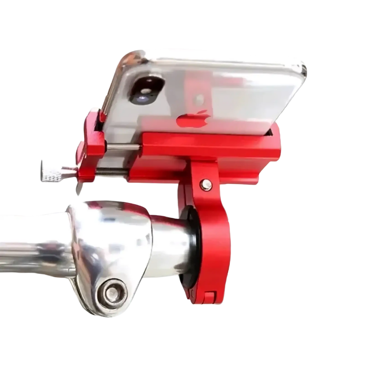 Red metal bicycle phone mount holder securely gripping a silver iphone for hands-free cycling use