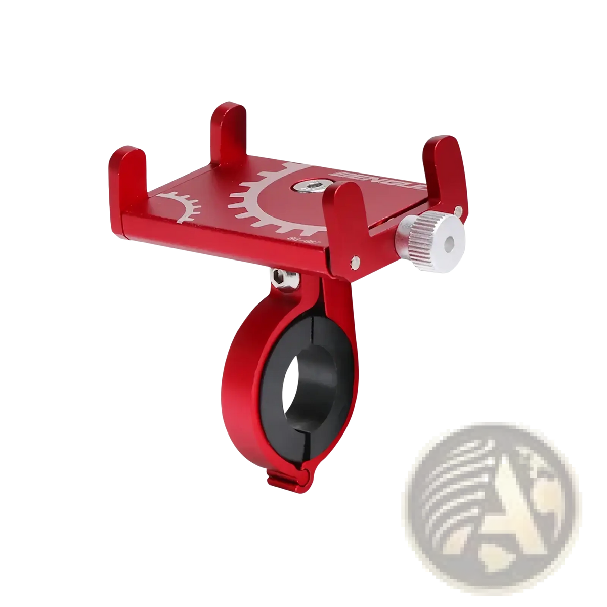 Red aluminum metal bicycle phone mount holder with gear design and silver adjustment knob visible from the back side