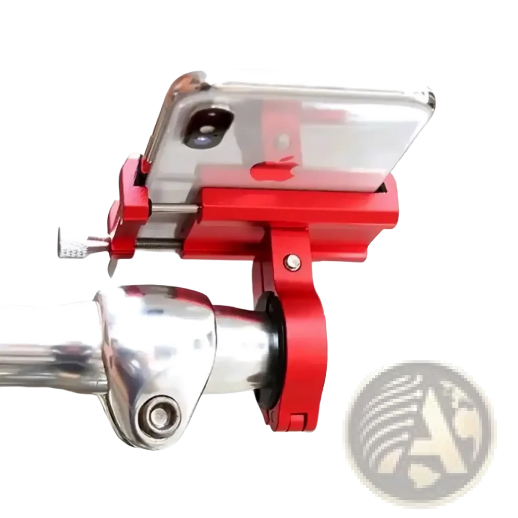 Red metal bicycle phone mount holder securely gripping a silver iphone for hands-free cycling use