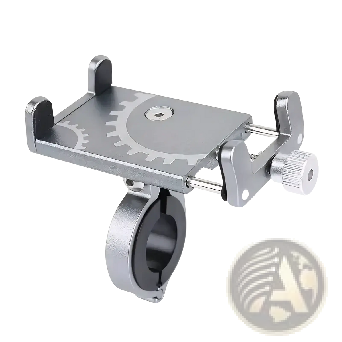 Silver metallic metal bicycle phone mount holder with gear design and adjustable clamp for secure attachment