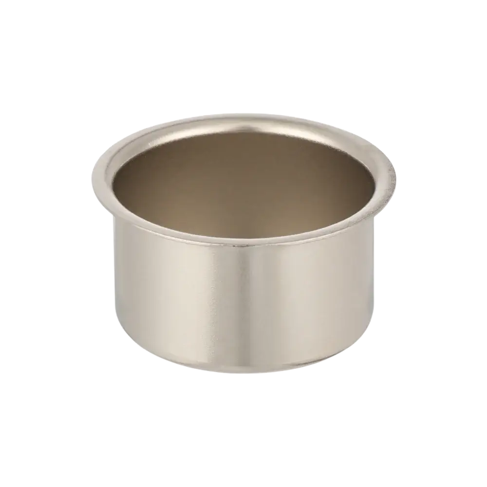 Silver metallic cylindrical metal candle cup with smooth polished finish and slightly flared rim for diy crafts and holders
