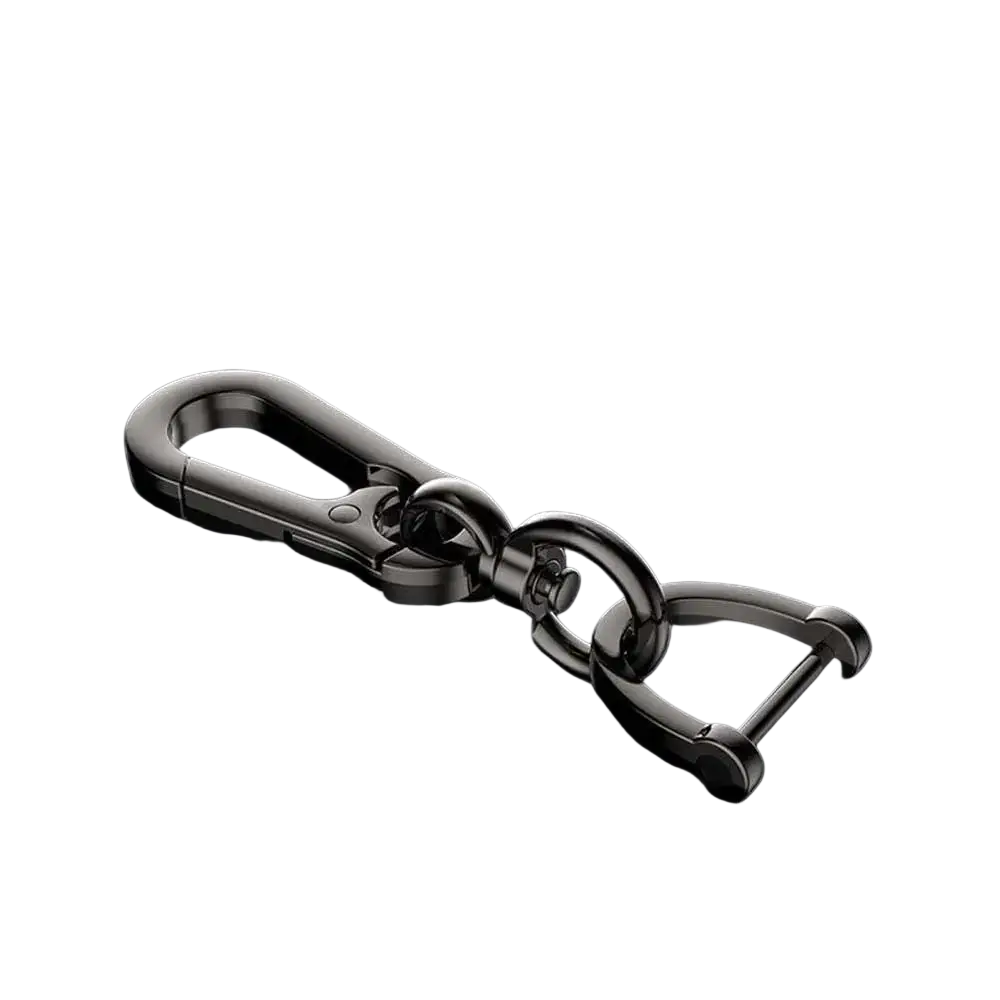 Black metal car key clip carabiner keychain with a sleek polished finish and two interlocking rings