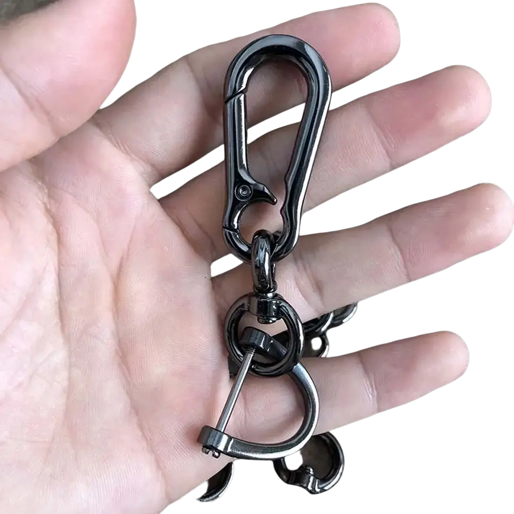 Metal black car key clip carabiner keychain with swivel joint and attached ring for secure key organization