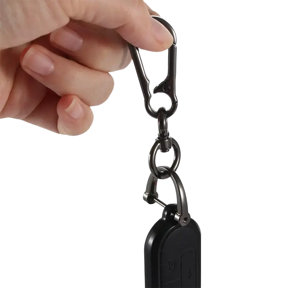 Black metal car key clip carabiner keychain with a sleek matte finish and sturdy ring links for secure attachment
