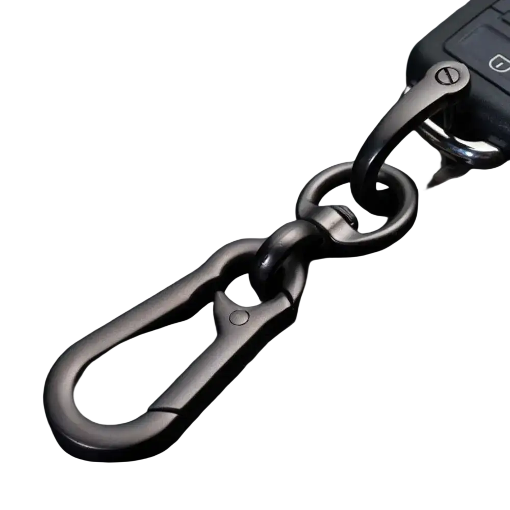 Black metal car key clip carabiner keychain with a sturdy sleek design and secure locking mechanism