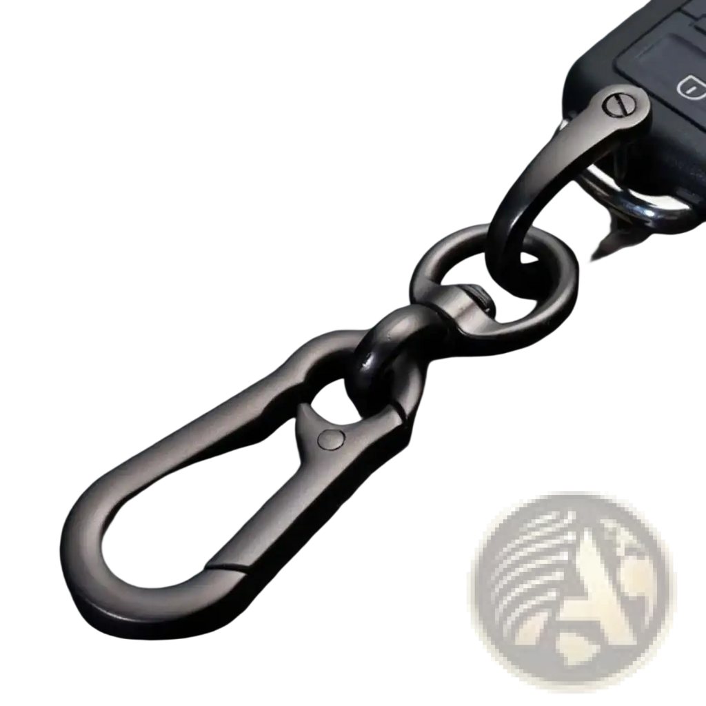 Black metal car key clip carabiner keychain with a sturdy sleek design and secure locking mechanism