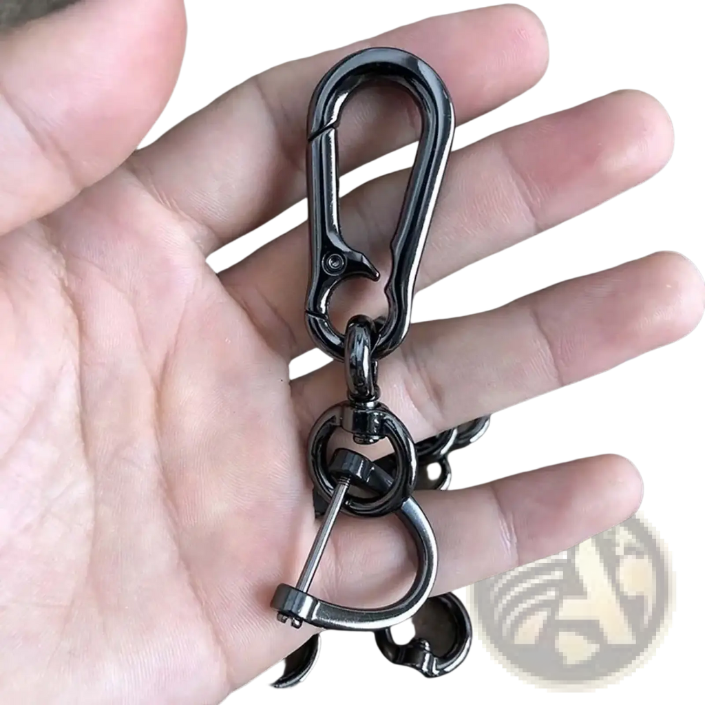 Metal black car key clip carabiner keychain with swivel joint and attached ring for secure key organization
