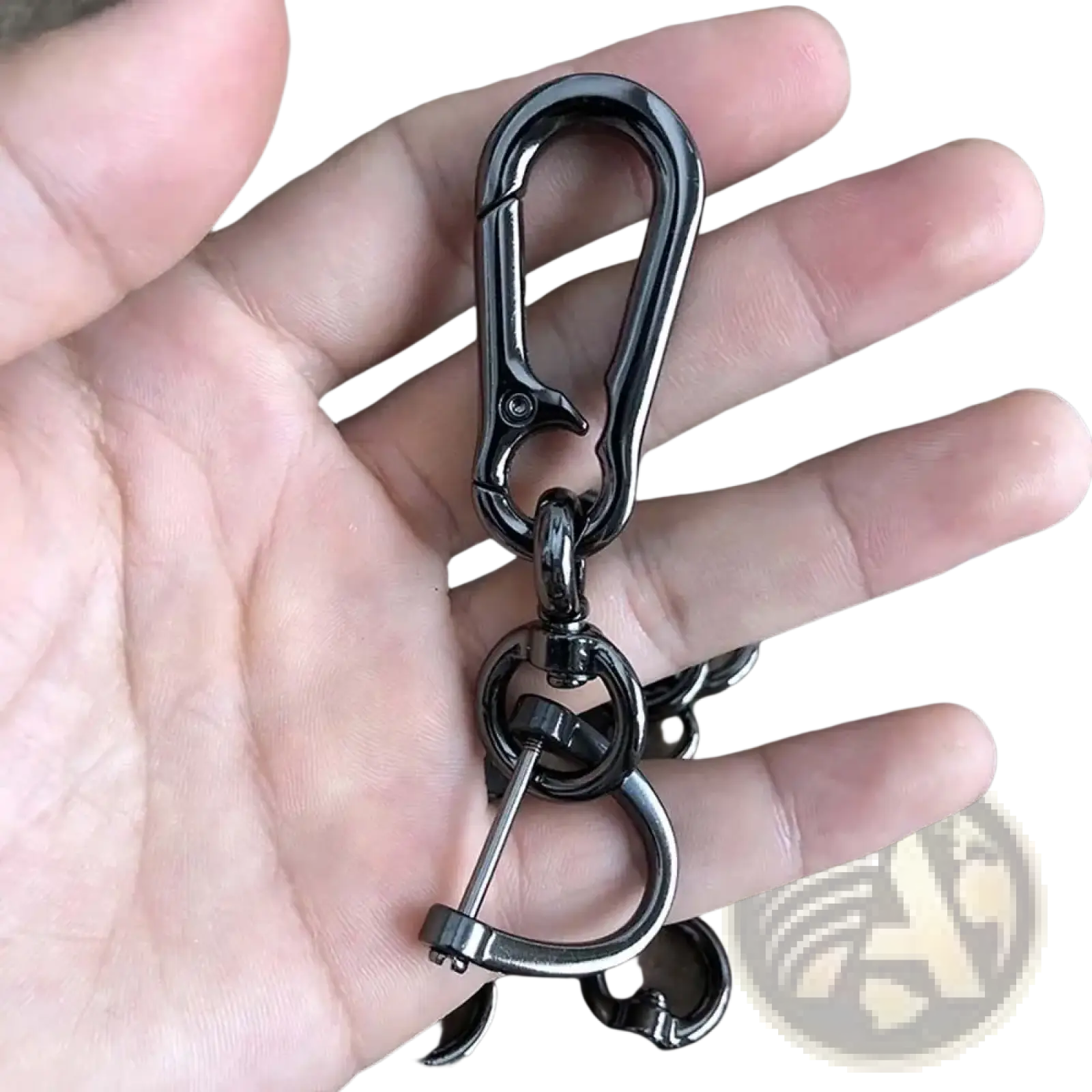 Metal black car key clip carabiner keychain with swivel joint and attached ring for secure key organization