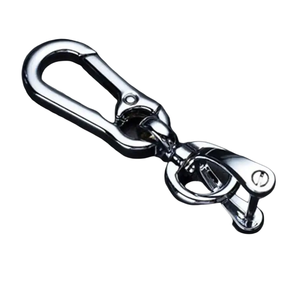Shiny chrome metal car key clip carabiner keychain with polished finish and secure locking mechanism