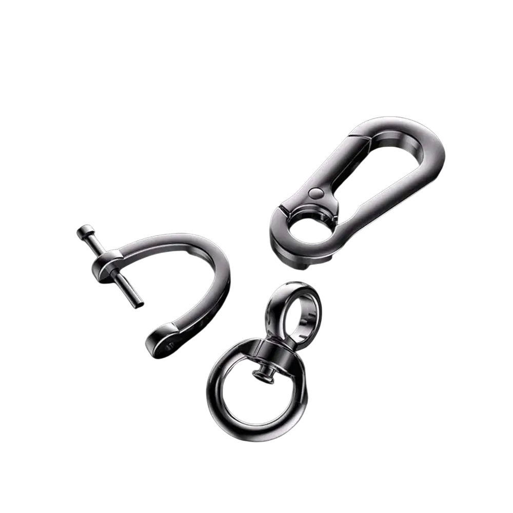 Shiny silver metal car key clip carabiner and swivel ring set made of durable metal for secure key attachment